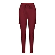 Mrat Womens Scrub Pants Women's Cargo Pants Solid Color Lace Loose Multi Pocket Casual Pants Flare Sweatpants Women S-60 Wine 3XL